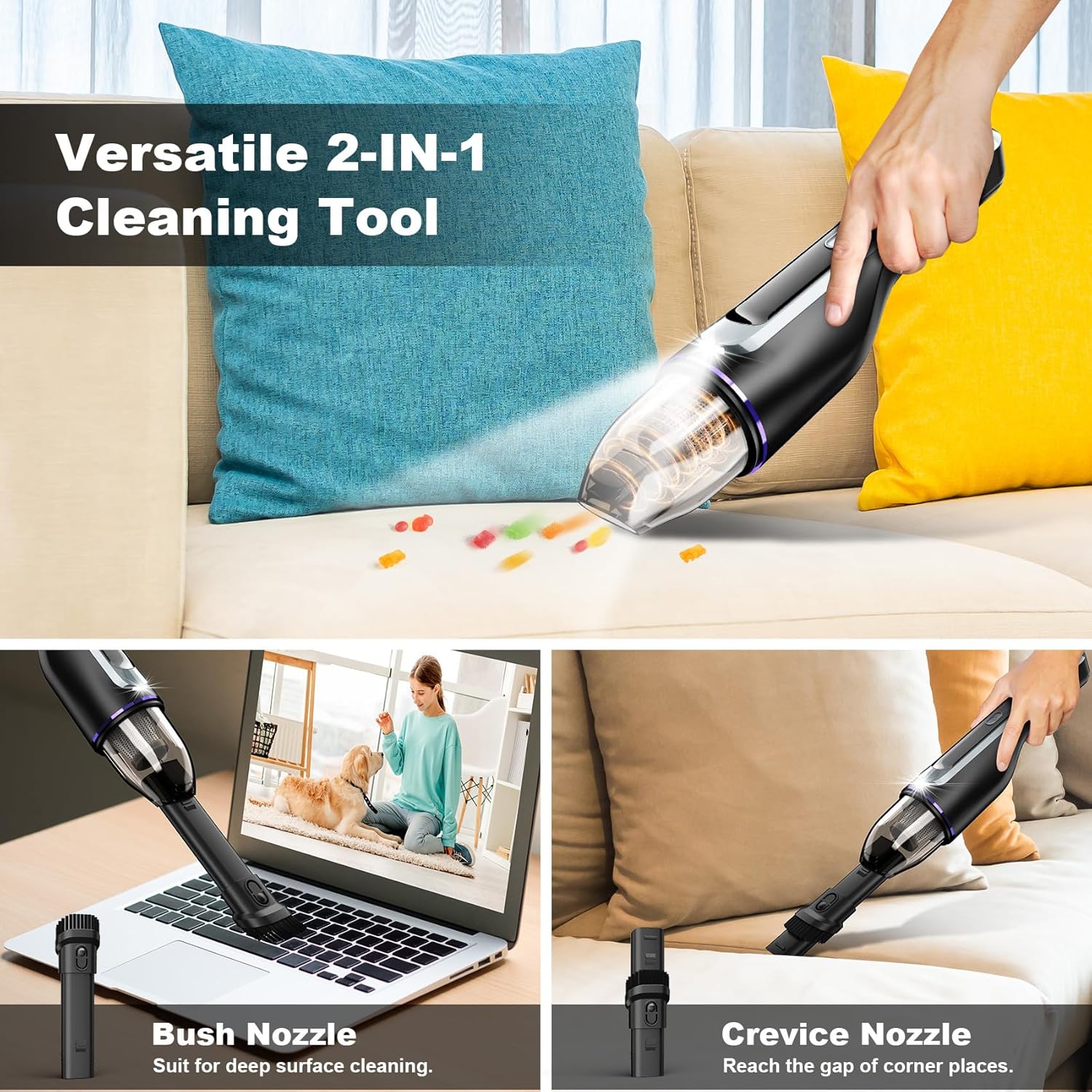 Powerful, rechargeable cordless vacuum cleaner with lightweight design, perfect for cleaning cars, tight spaces, and pet fur