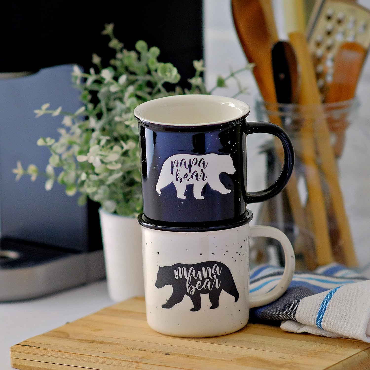 Charming couples mugs set, each with adorable bear motifs, designed for shared moments over coffee or tea