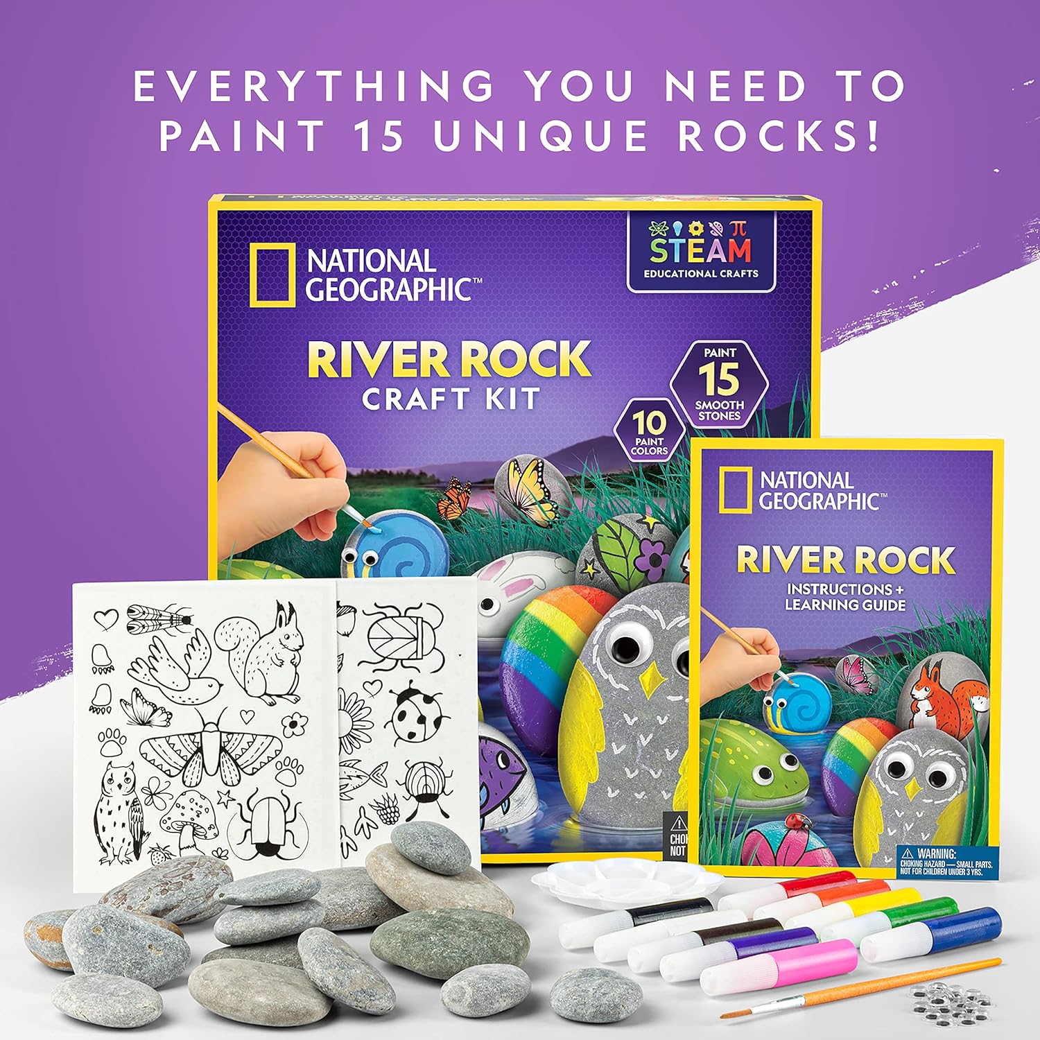 Colorful rock painting kit for kids to create their own DIY rock designs; includes paintbrushes, waterproof paints, and smooth stones