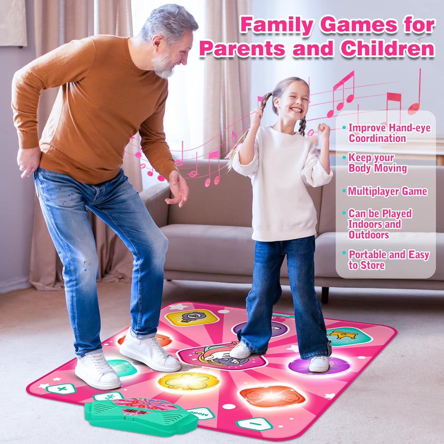 Dance game mat for kids that features various games and challenges, encouraging friendly competition and physical exercise