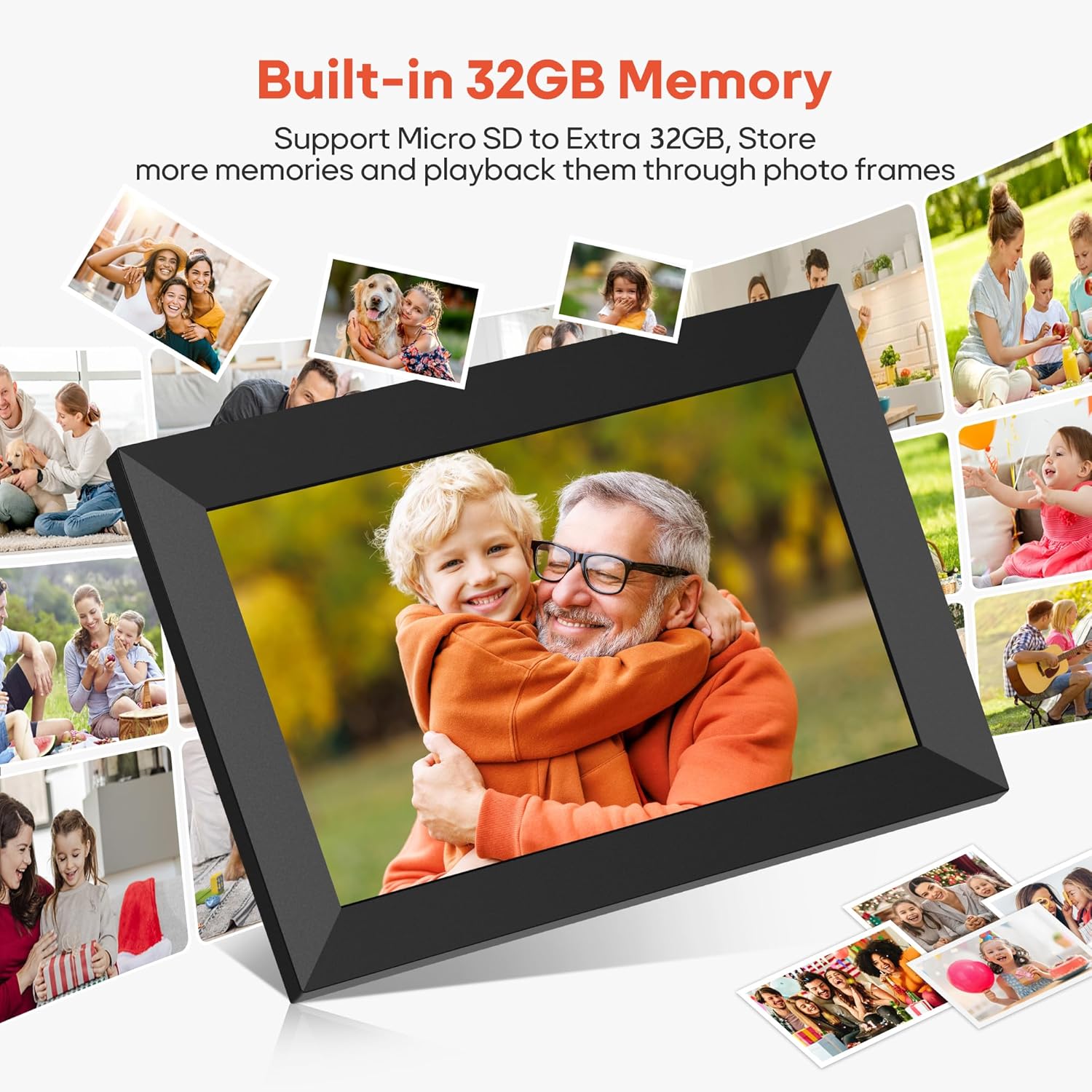 Portable digital frame with HD display, ideal for sharing vacation photos or family portraits with WiFi compatibility