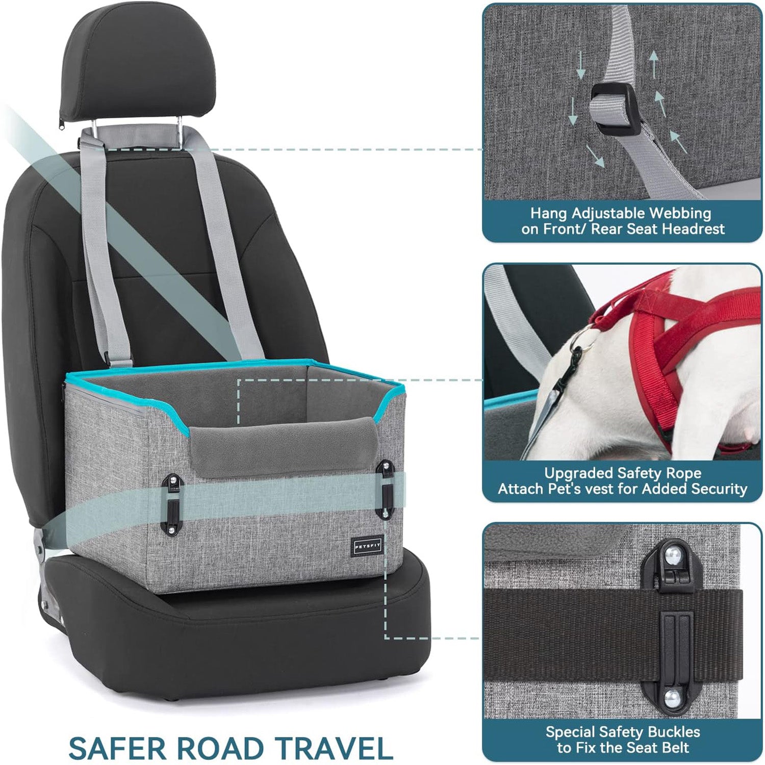 Dog booster seat for small dogs, equipped with a removable cover for easy cleaning and a secure tether to keep your pet safe during road trips