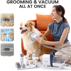 Pet grooming vacuum for dogs, with specialized brushes and a powerful vacuum for removing hair, ideal for pet owners looking for easy pet hair management at home