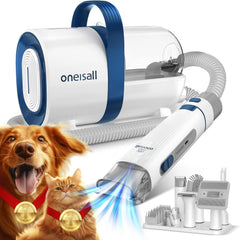 Efficient dog hair vacuum and grooming kit, ideal for removing loose fur and dander from pets, featuring a high-suction vacuum for deep cleaning and multiple grooming attachments