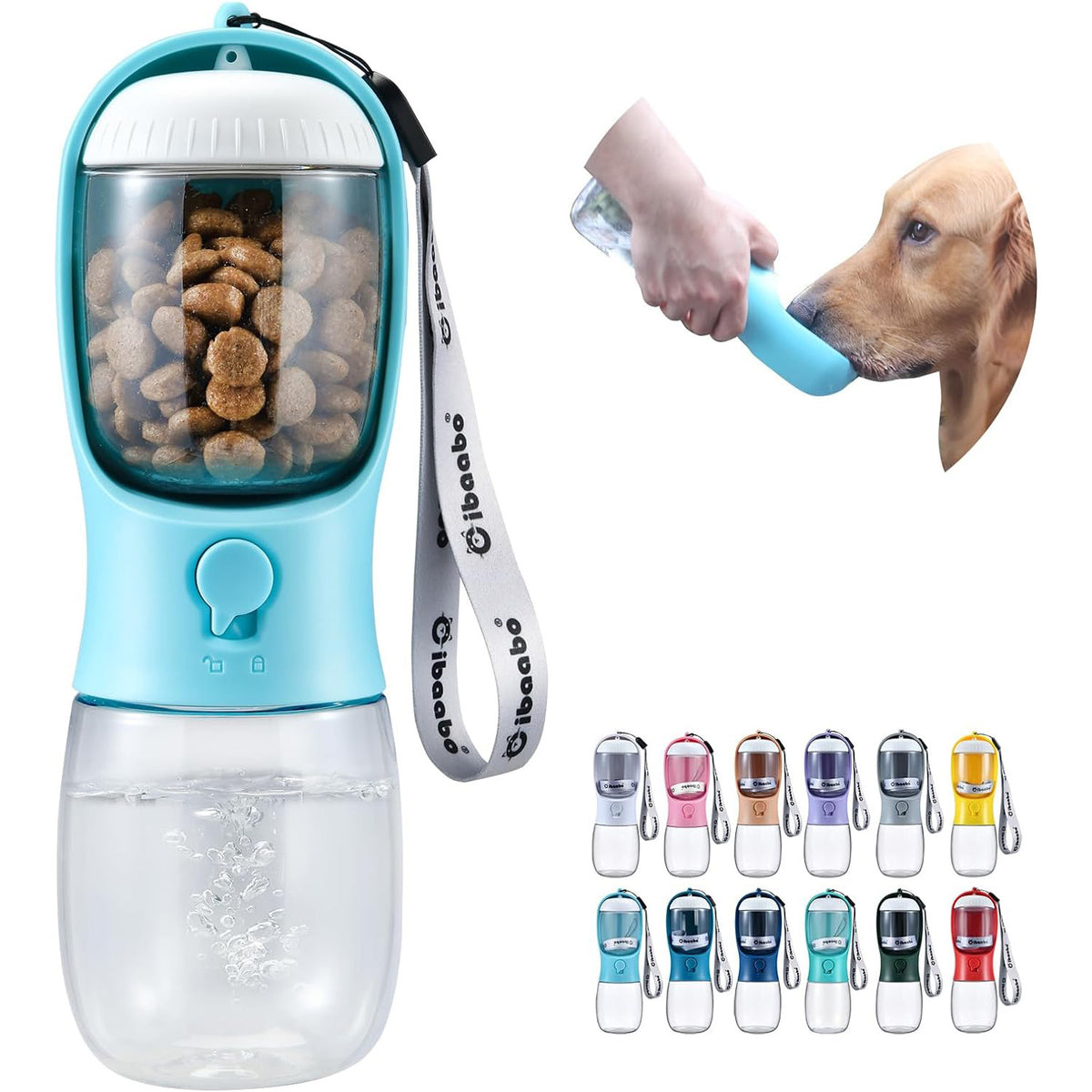 Dog water bottle with food container, designed for pet owners who love to travel, featuring a leak-proof design and an easy-to-use flip-top lid for hydration on the go