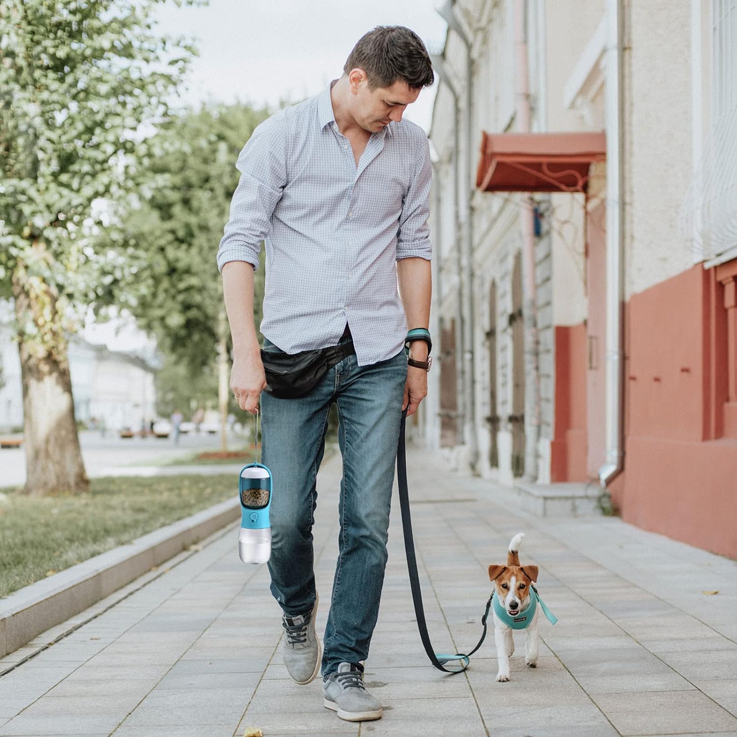 Eco-friendly dog water bottle with food container, made from sustainable materials and designed for pet owners who care about the environment while keeping their pets healthy