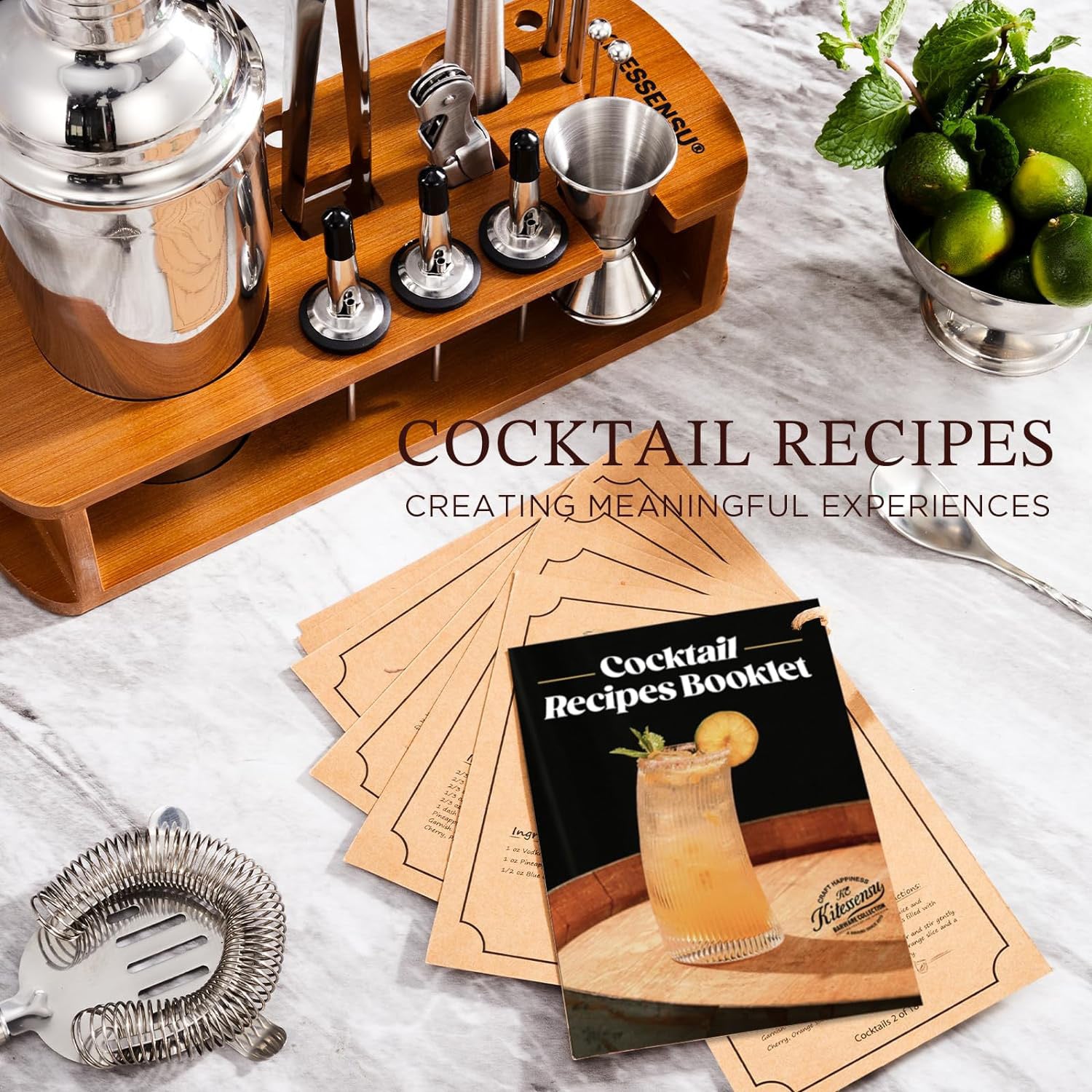 All-in-one bartender kit for cocktail making, comes with premium quality tools and a decorative stand