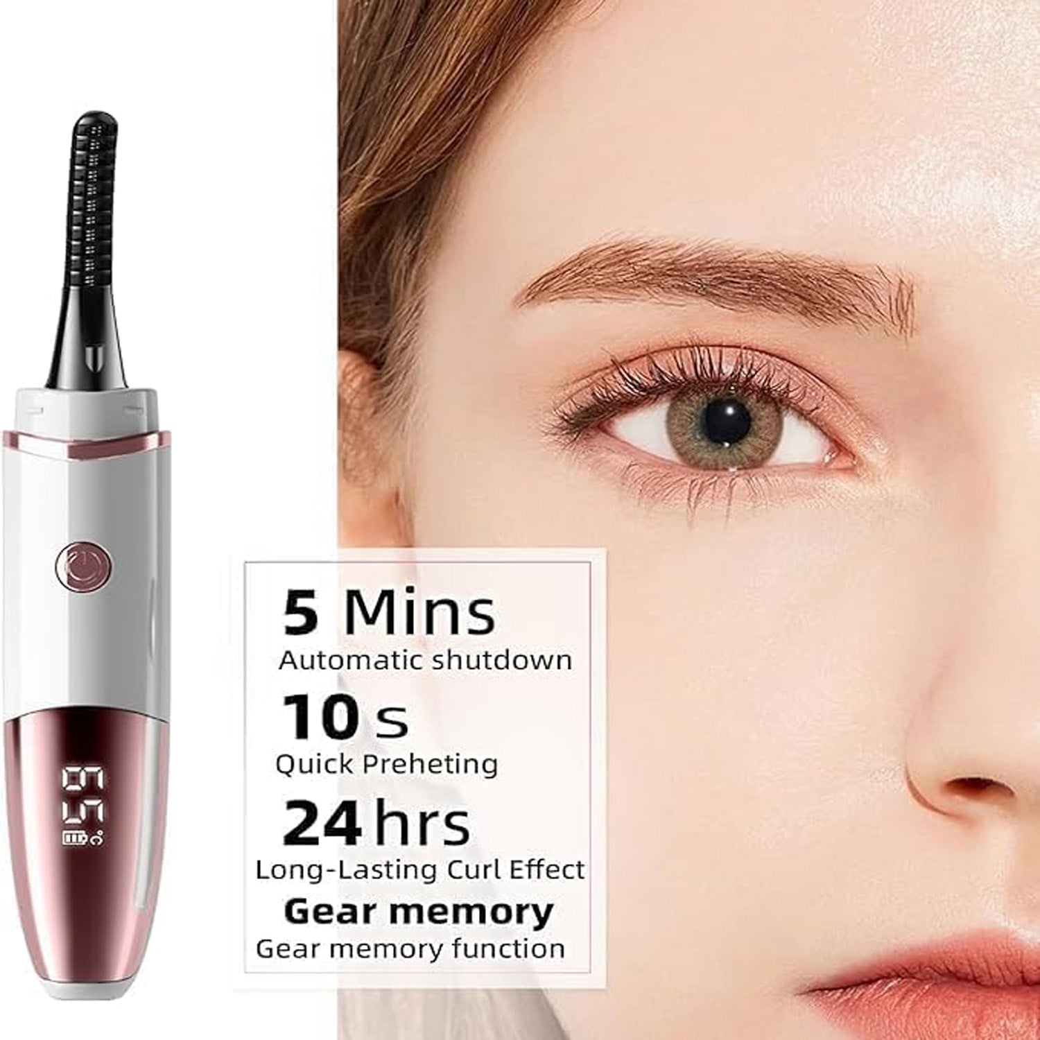 Electric eyelash curler that provides gentle, lasting heat for natural-looking, lifted lashes; perfect for daily makeup routines