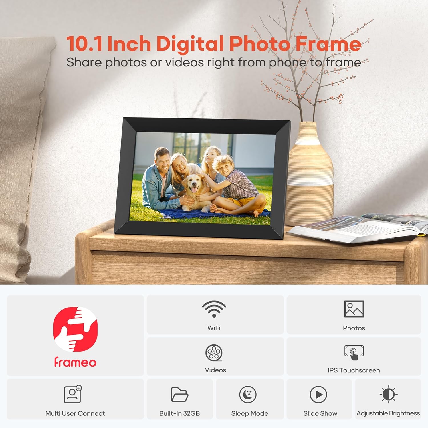 Smart photo frame with motion sensor, featuring wireless connectivity for seamless family photo sharing