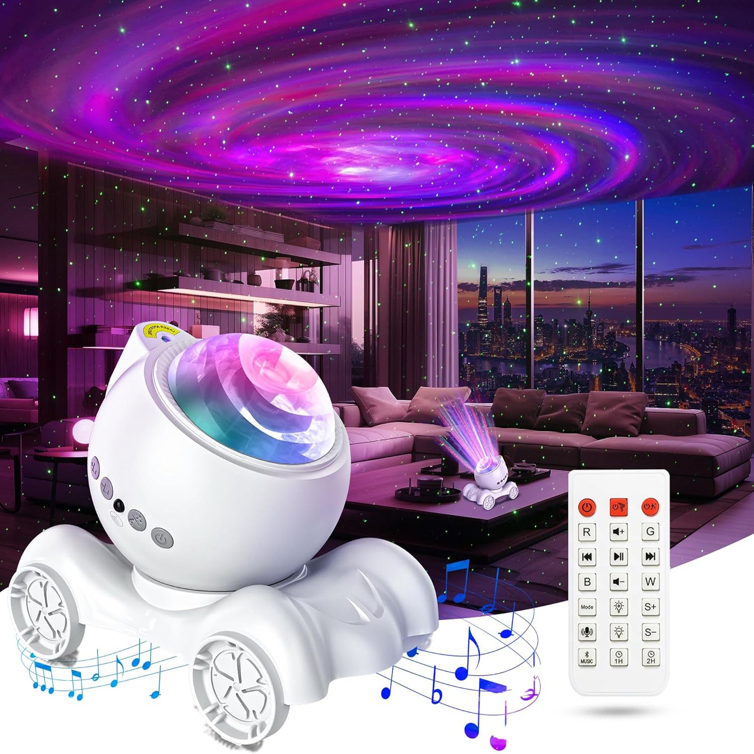 Galaxy projector with vibrant starry effects and built-in Bluetooth speaker, ideal for creating a cosmic light show in bedrooms and living spaces