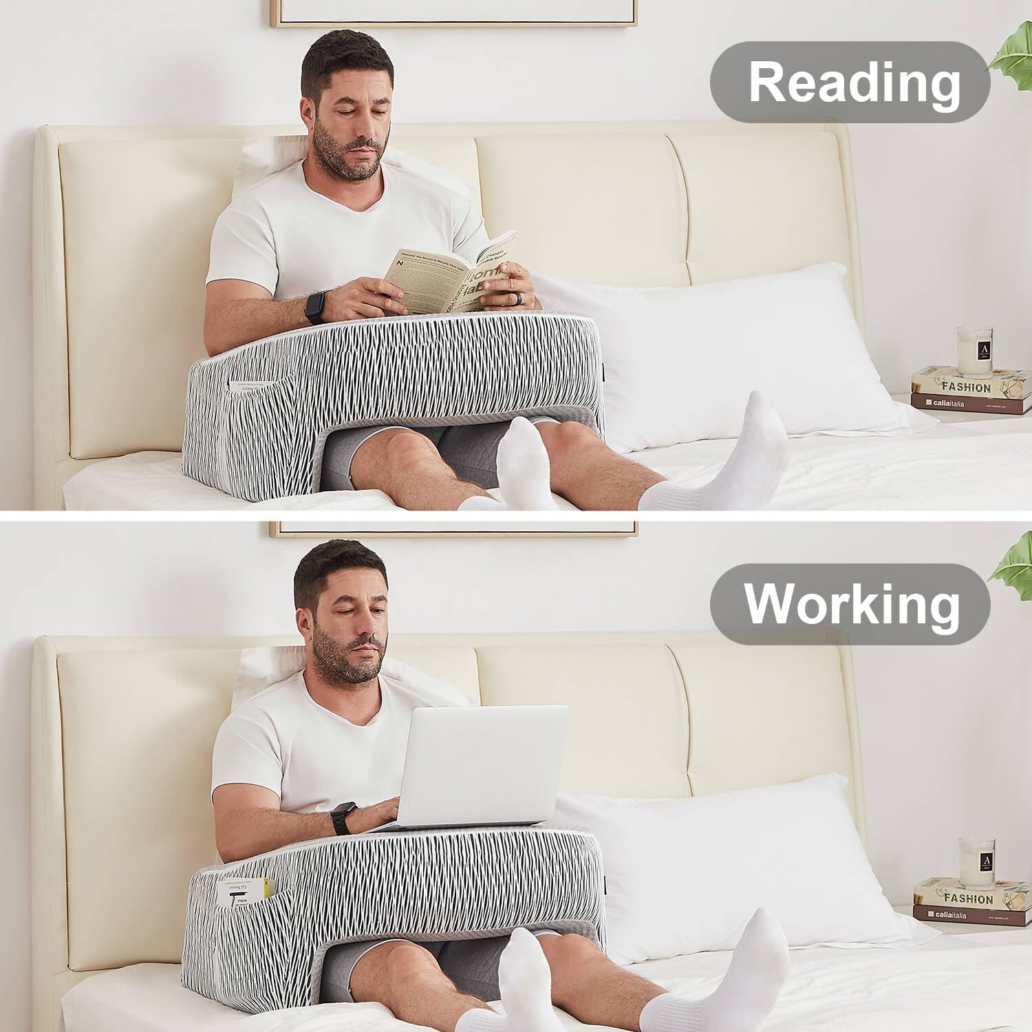 Gaming pillow for lap with ergonomic armrests, providing support and comfort for long gaming sessions or reading, fits perfectly on laps and sofas