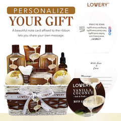 Gift basket for her filled with elegant bath essentials such as aromatic oils, plush towels, and rejuvenating body scrubs designed for relaxation