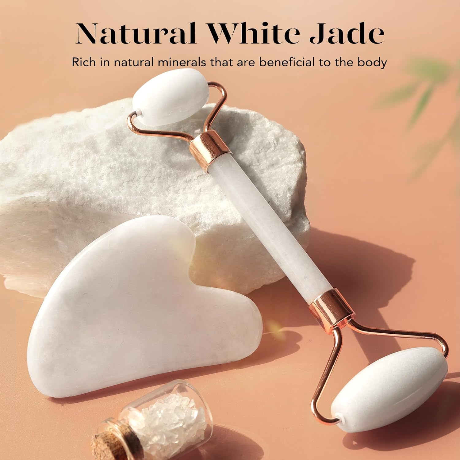 Premium jade roller and Gua Sha beauty set for face, neck, and under-eye areas, perfect for anti-aging skin care routines