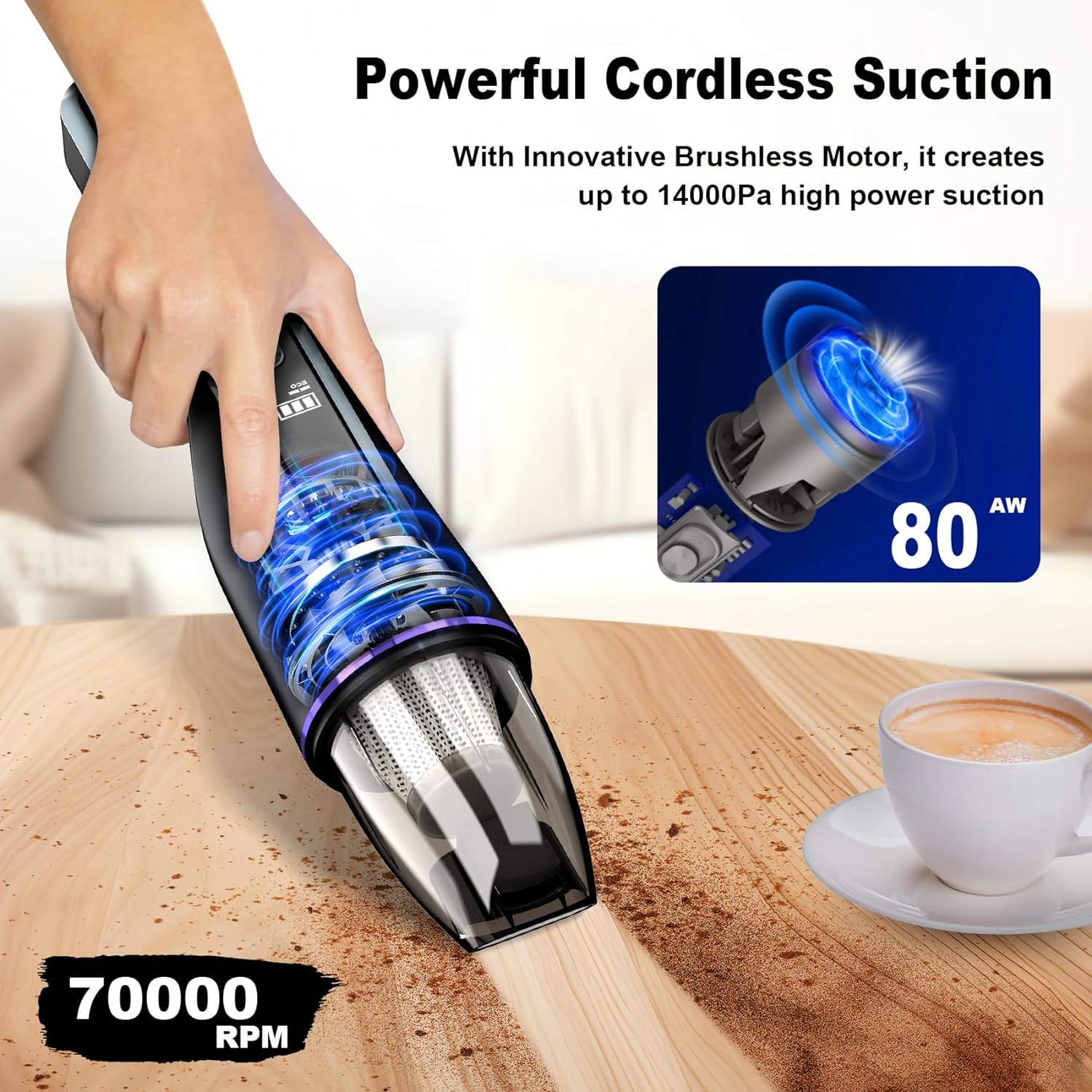 Cordless handheld vacuum cleaner for cleaning home and car interiors, designed with a strong motor for effective suction