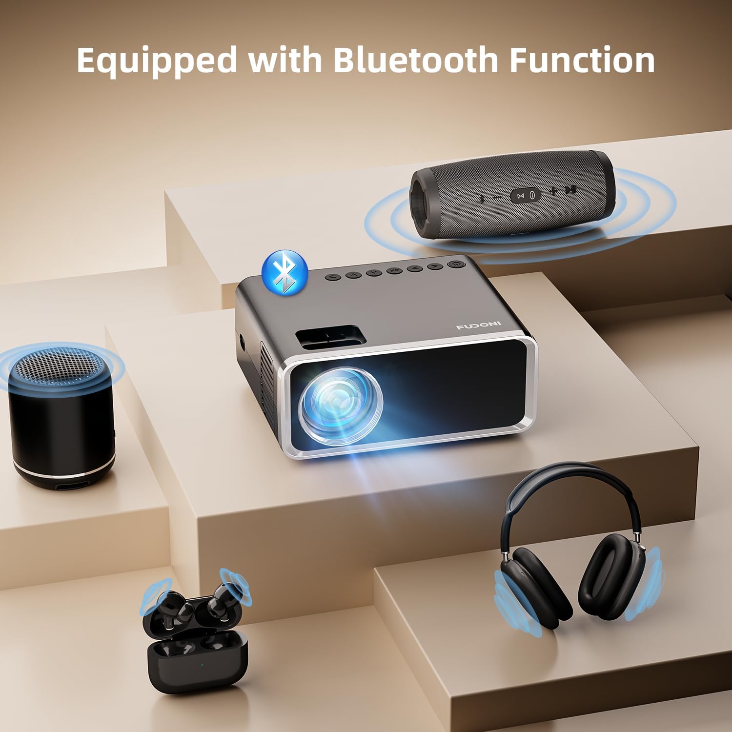 High-definition smart projector, equipped with WiFi and Bluetooth, delivering sharp video quality and versatile connectivity for streaming and gaming