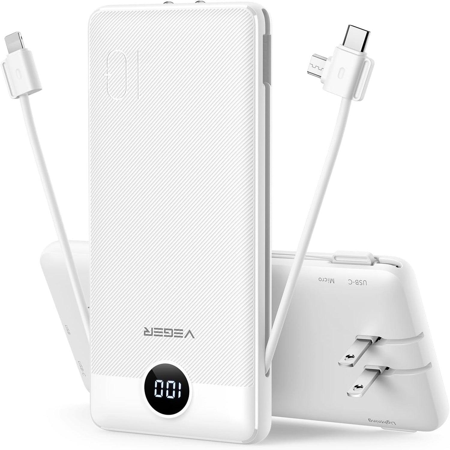 Compact portable charger for iPhone with integrated built-in cables and a wall plug for convenient on-the-go charging