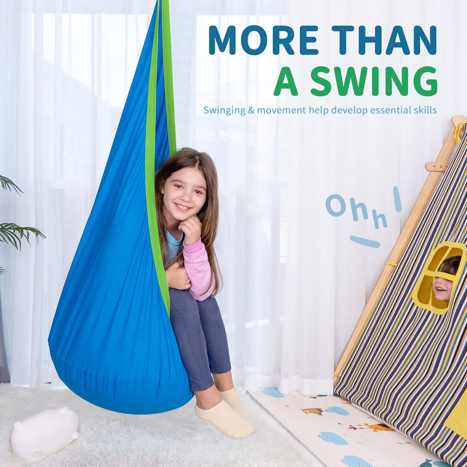 Indoor pod swing for kids in bright colors, suitable for sensory development and fun activities