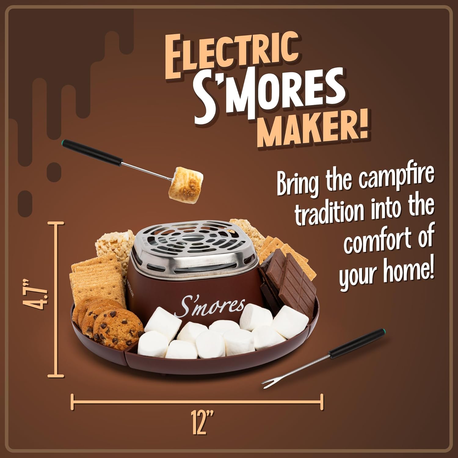 Indoor smores kit with everything needed for smores-making on a tabletop, featuring an electric heater and easy-to-use roasting accessories