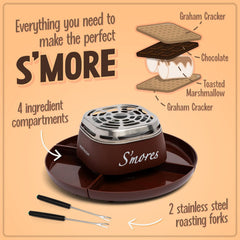 Electric indoor smores maker, safe for tabletop use, creates an authentic smores experience indoors with a built-in heater for roasting marshmallows