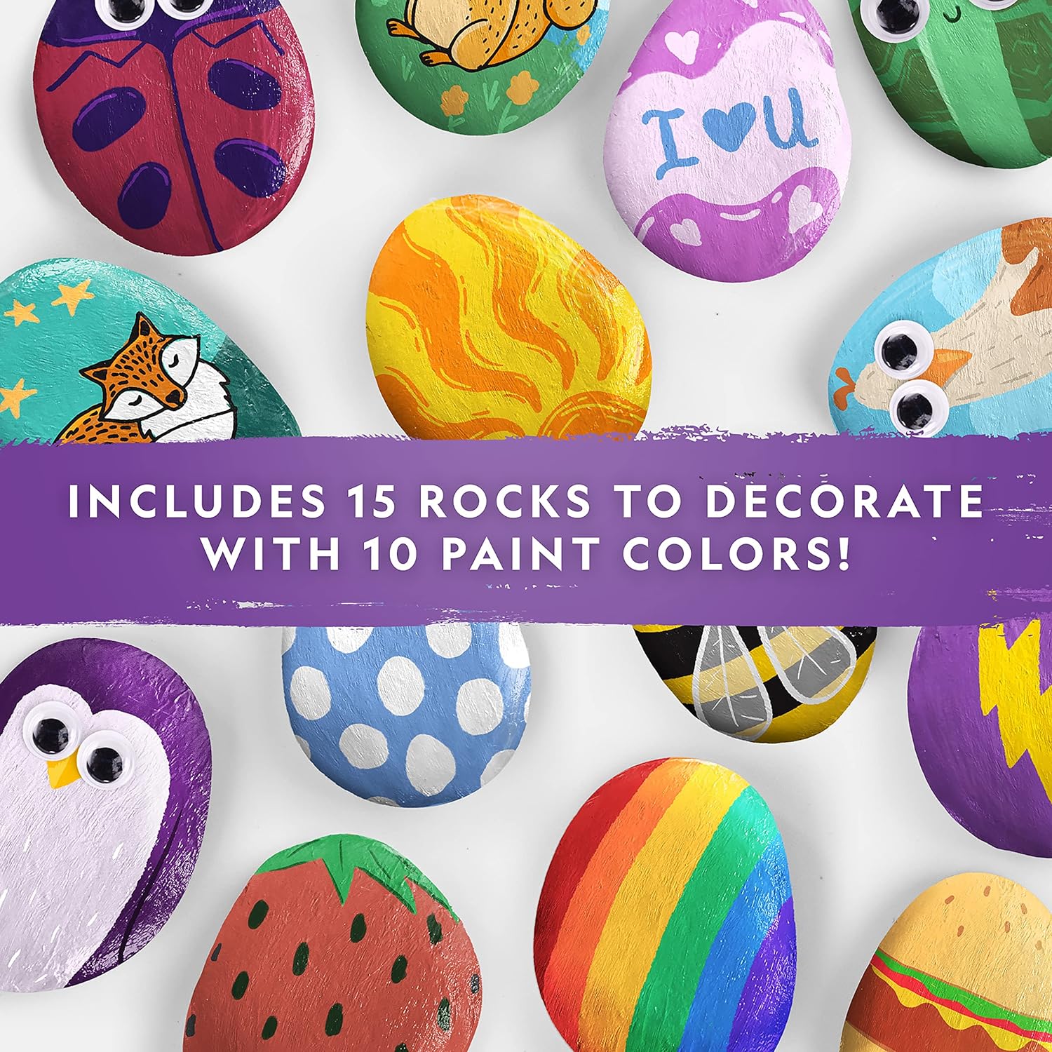 Complete rock painting kit that includes paints, brushes, and decorative rocks for creating unique, hand-painted stones and personal art