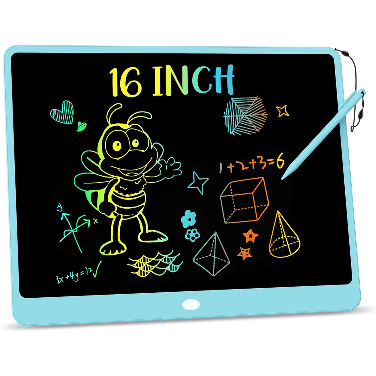 LCD Writing Tablet**: "An LCD writing tablet displaying vibrant digital drawings, perfect for both kids and adults who love creative expression without the mess of traditional paper and pens