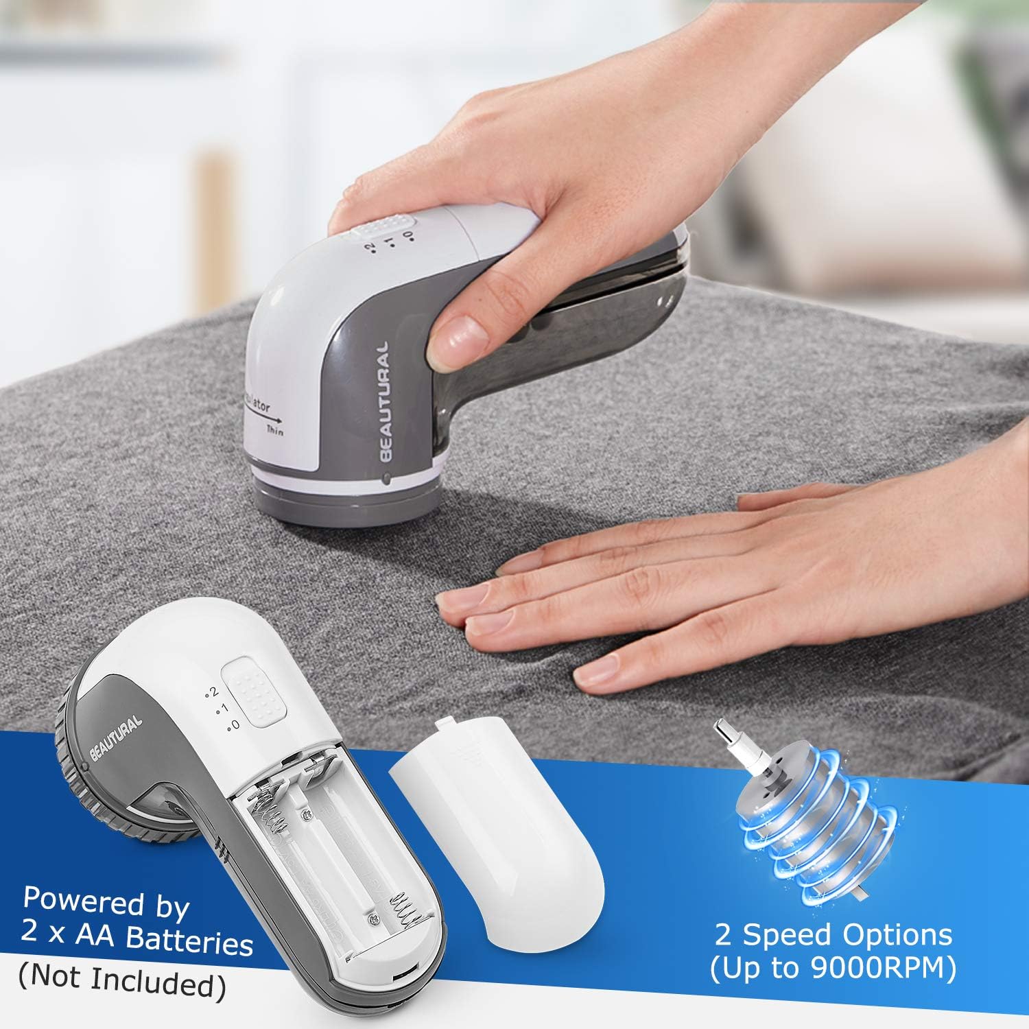 Electric fabric shaver and lint remover for fast, efficient clothing care, helping keep fabrics smooth and renewed