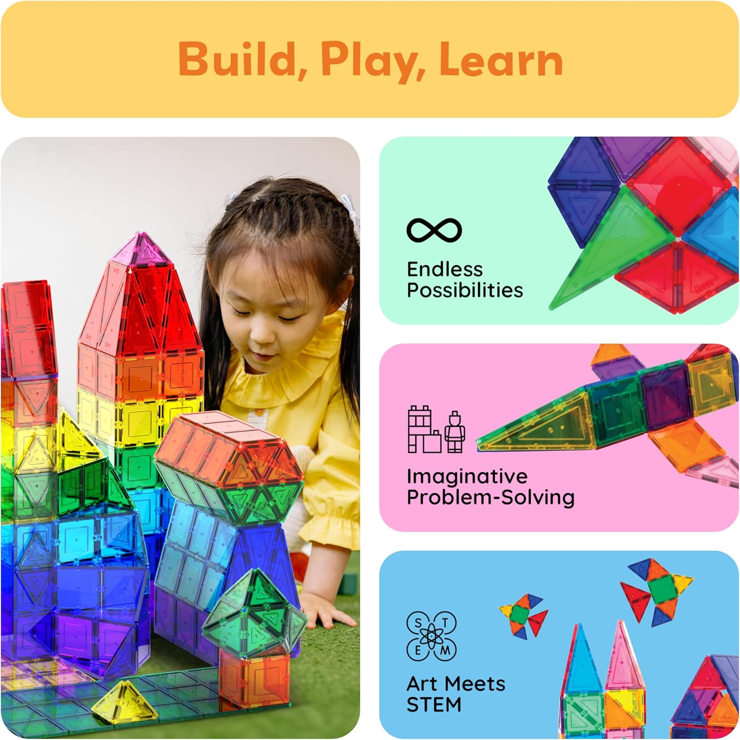 Bright and colorful magnetic tiles for kids, ideal for building 2D and 3D structures, fostering creativity and problem-solving skills