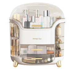 Stylish makeup organizer with multiple compartments, perfect for storing cosmetics, brushes, and skincare products in an organized manner on your vanity