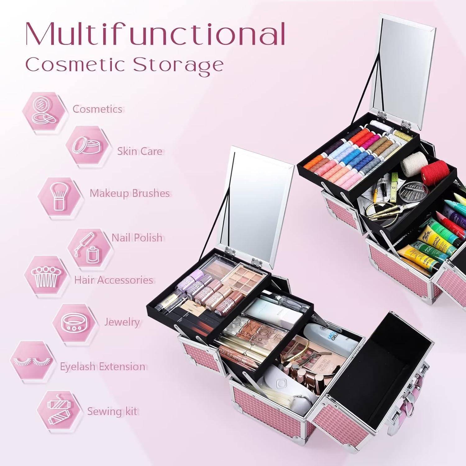 Portable makeup storage box with a sturdy handle and secure latches, designed for easy transport and travel