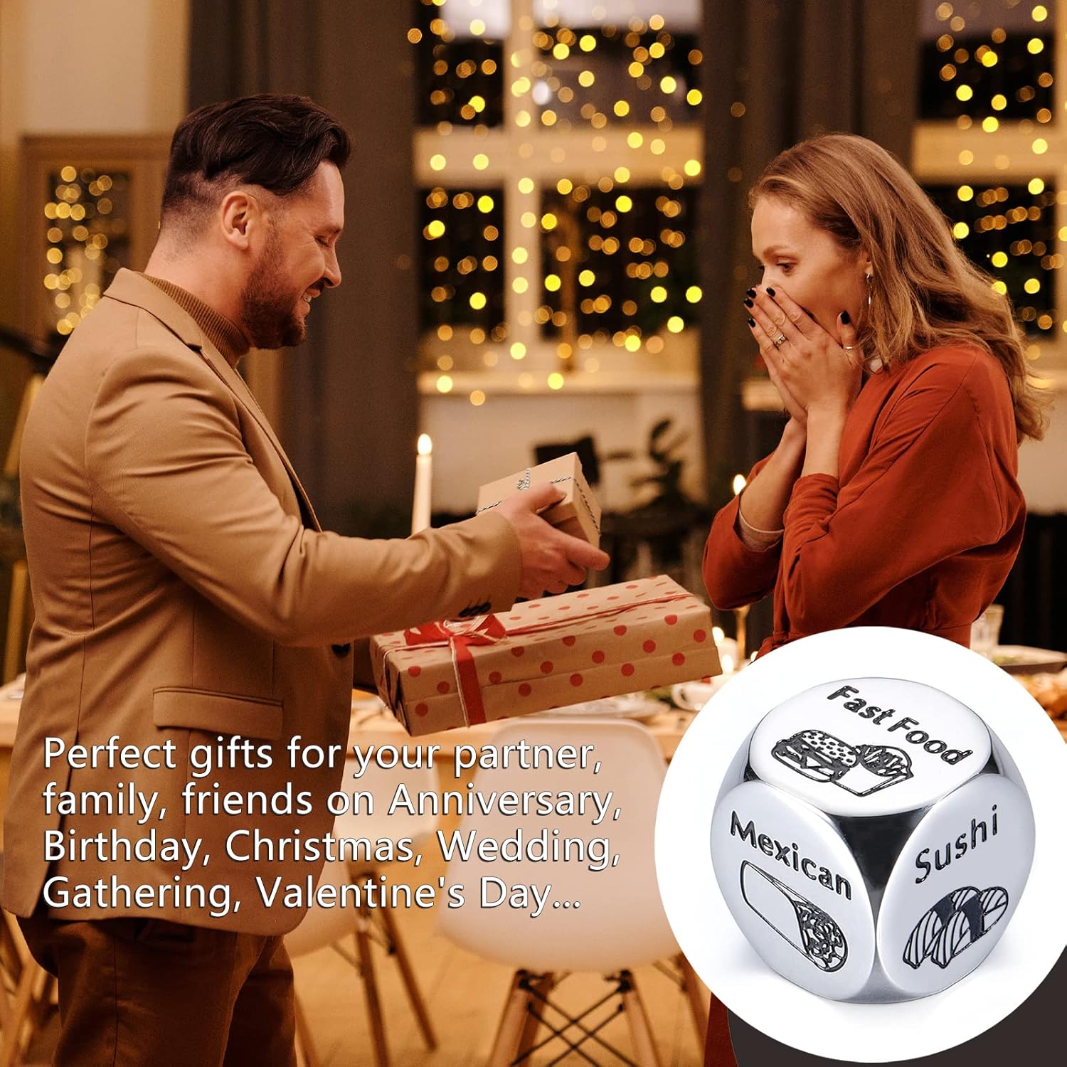 Innovative meal decision aid in the form of dice, perfect for couples looking for new dining ideas