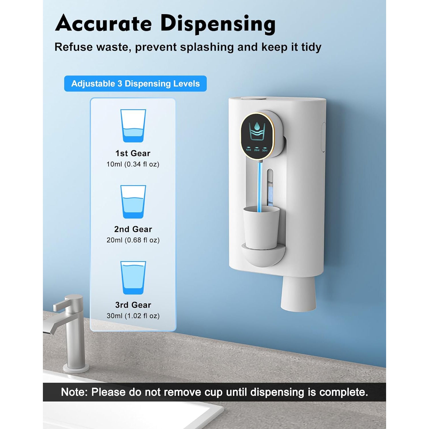 Touchless mouthwash dispenser mounted on a bathroom wall, promoting hygiene and convenience