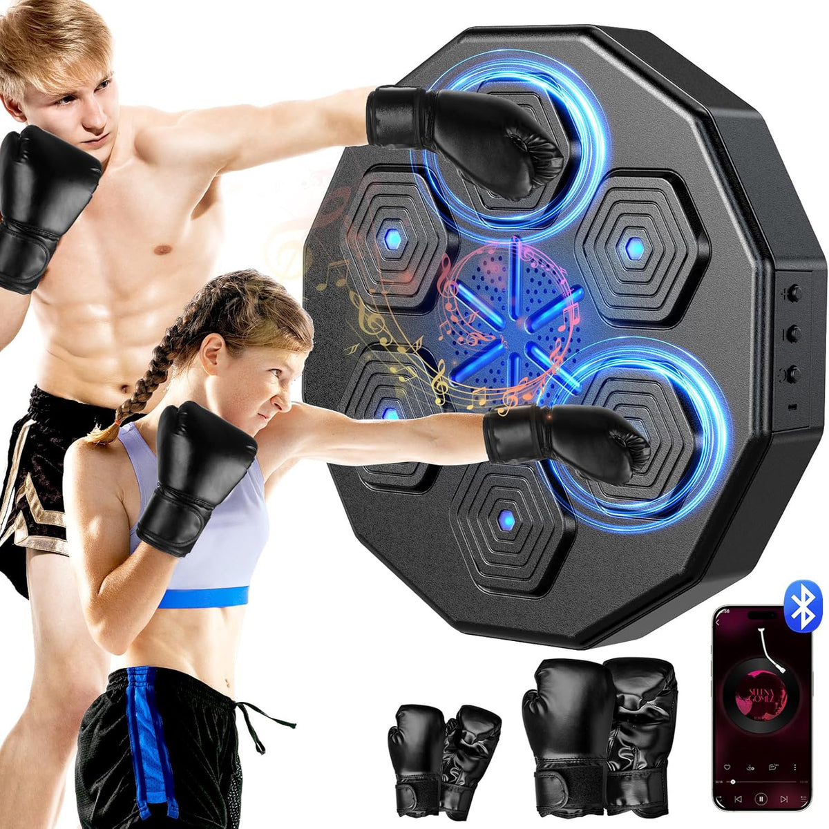 A colorful music boxing machine designed for kids and adults, perfect for improving fitness and coordination while enjoying upbeat music and sound effects