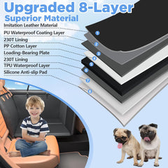 Pet back seat extender with waterproof material, designed to protect car interiors and keep dogs secure