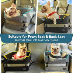 Portable pet car seat for small dogs, featuring a lightweight design that easily attaches to your car's seatbelt, providing a safe and cozy space for your furry friend