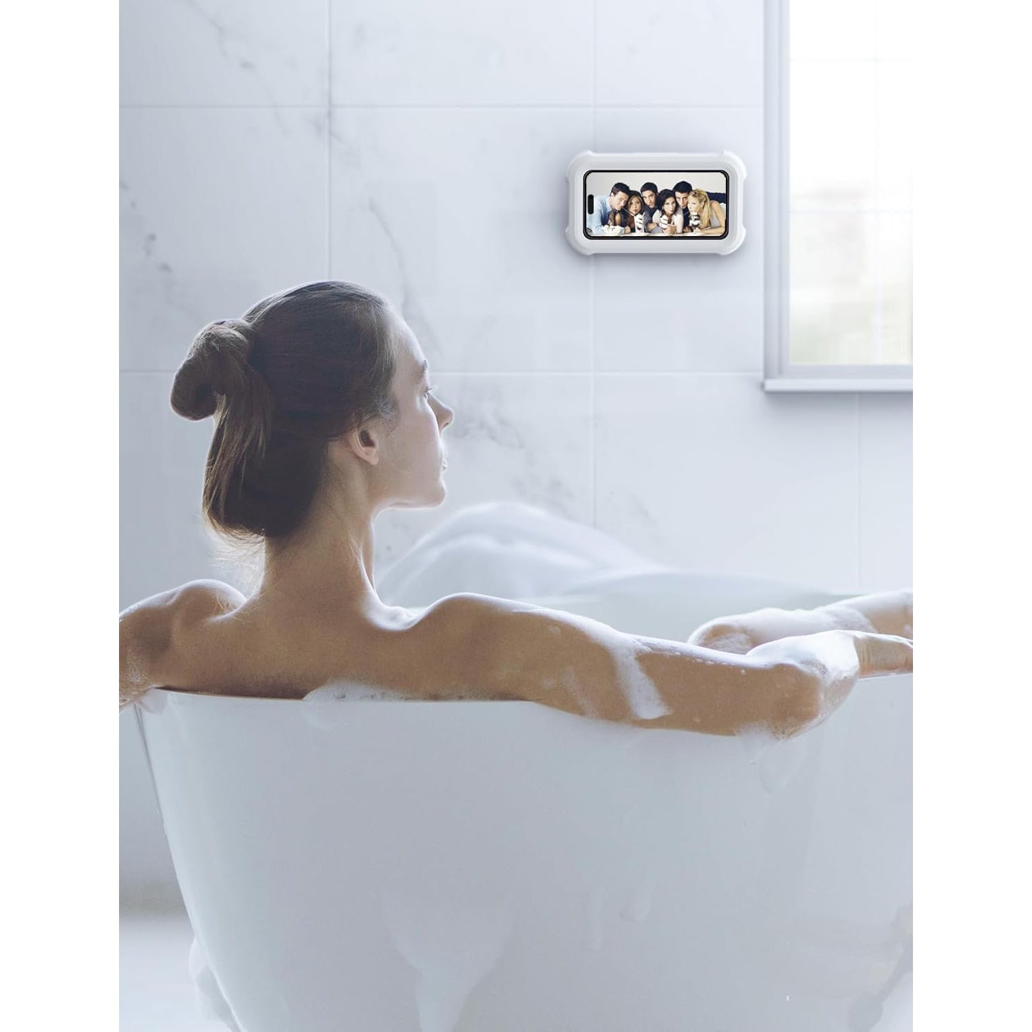 Water-resistant bathroom phone mount, designed for easy installation in the shower to hold and protect your phone from water exposure