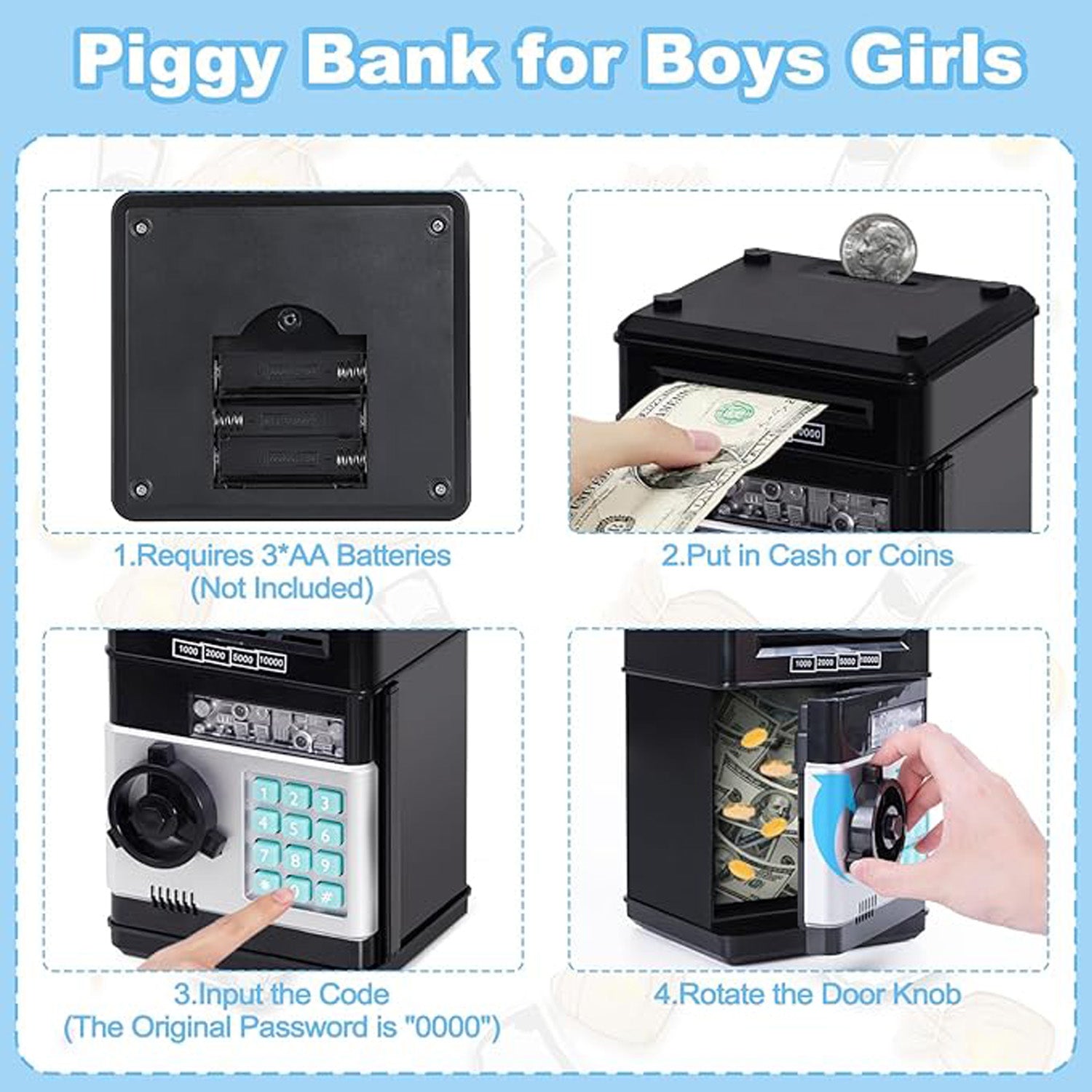 Piggy bank for kids with password protection, offering a secure place to store savings while making learning about money fun