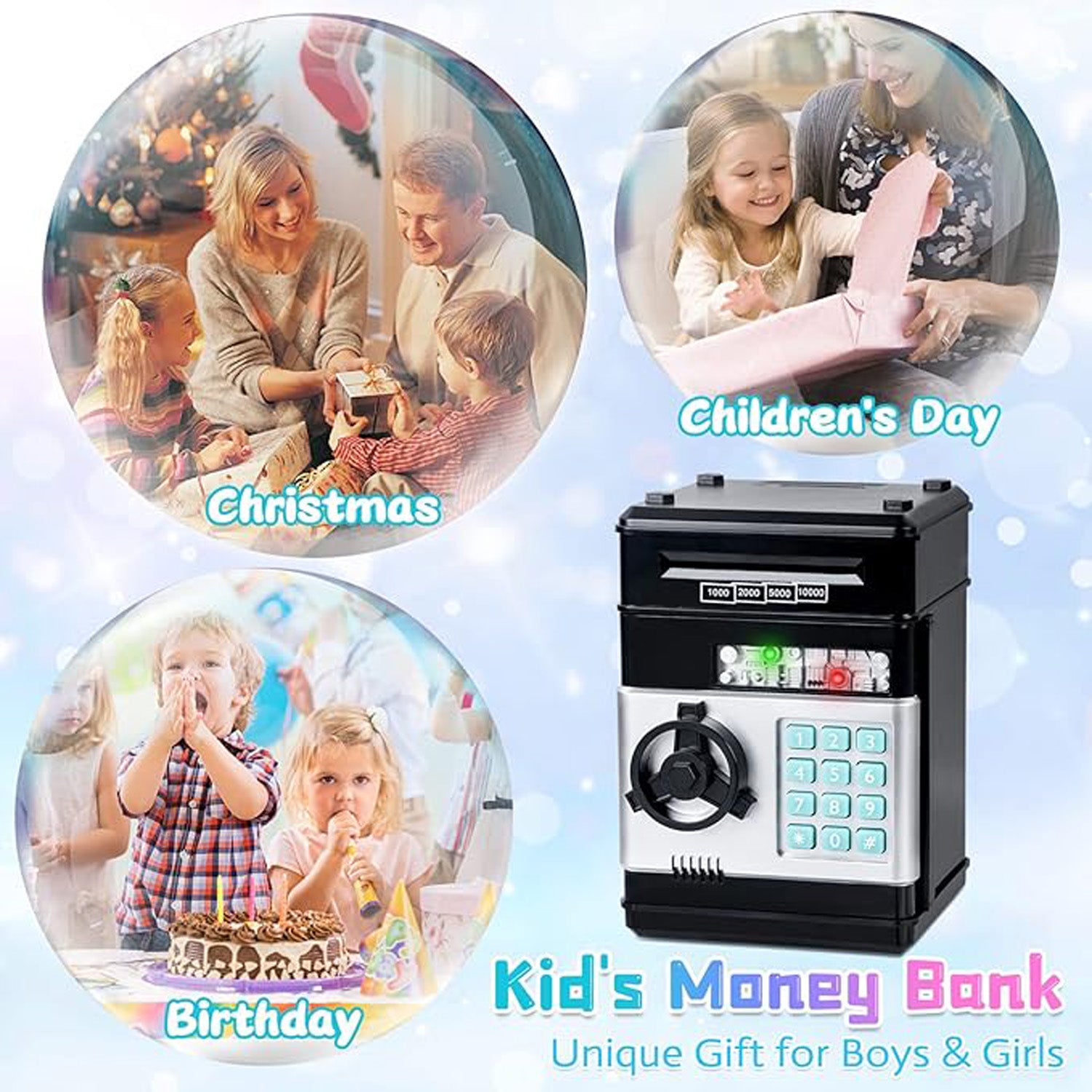 Interactive piggy bank with counting display, allowing kids to monitor their savings growth with each coin added