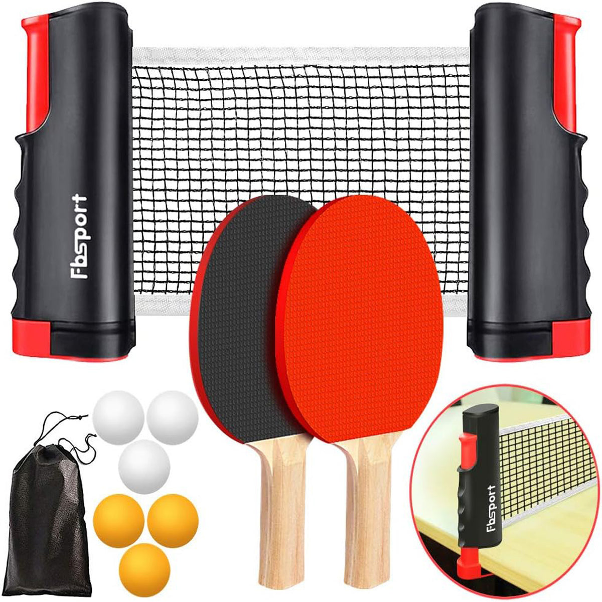 Complete ping pong paddle set with two paddles, a retractable net, and ping pong balls, perfect for table tennis games anywhere