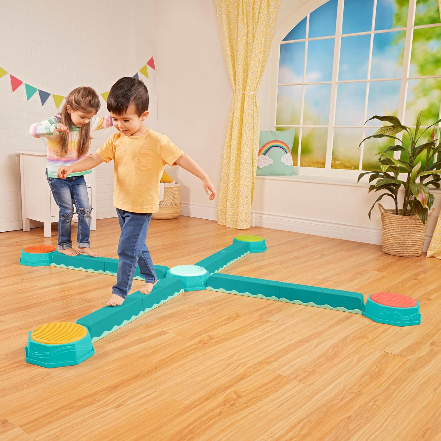 A lightweight and portable balance beam that can be easily transported, perfect for taking to gymnastics classes or outdoor playdates