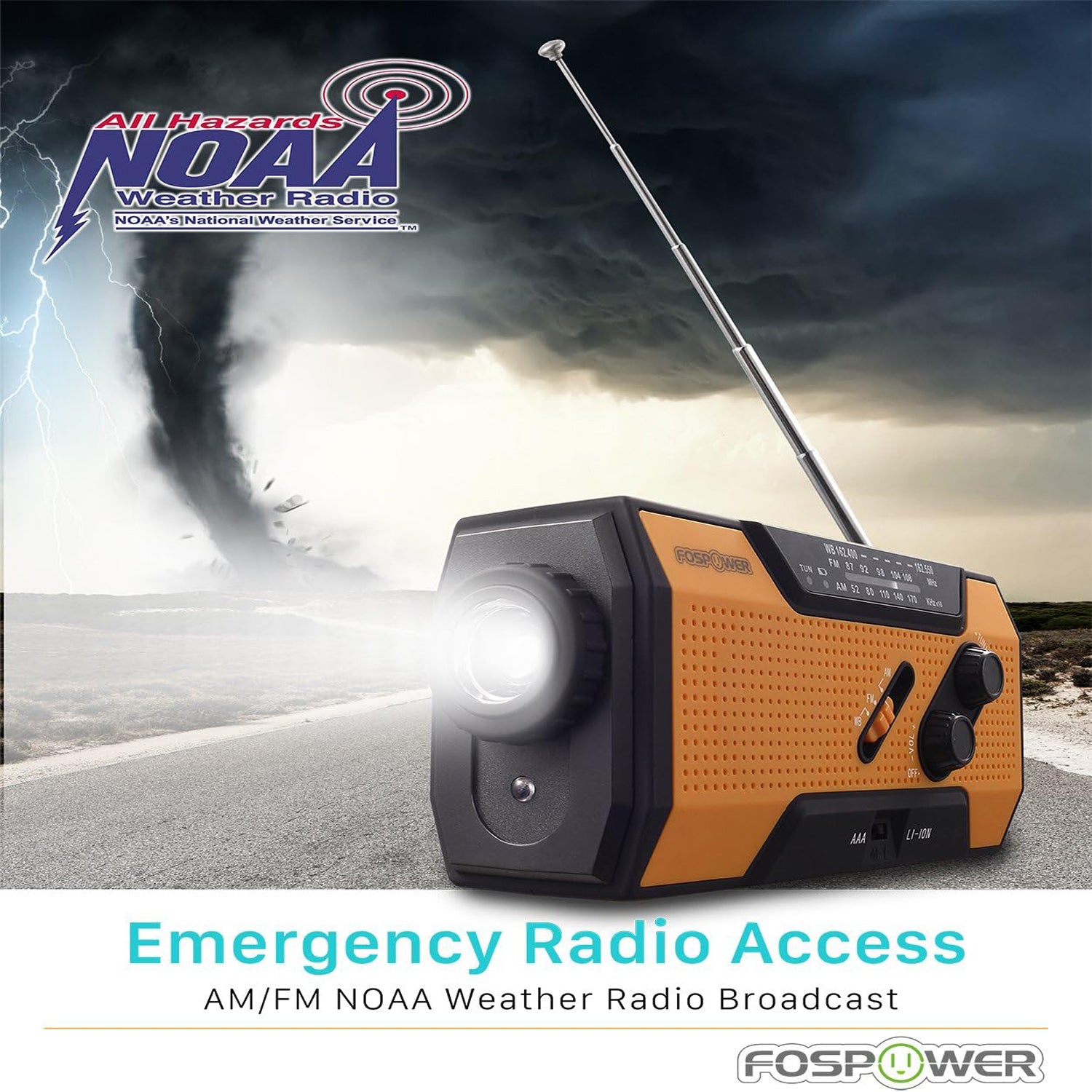 Solar-powered emergency weather radio with hand-crank option and LED flashlight, providing essential updates in power outages