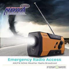 Solar-powered emergency weather radio with hand-crank option and LED flashlight, providing essential updates in power outages