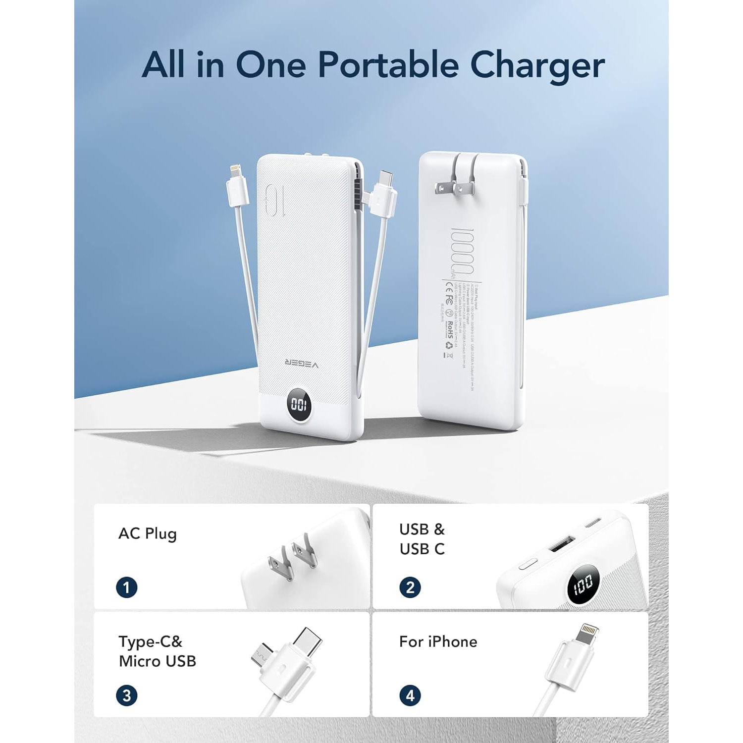 Portable power bank for iPhone with integrated cables and wall plug, offering reliable charging at home or while traveling