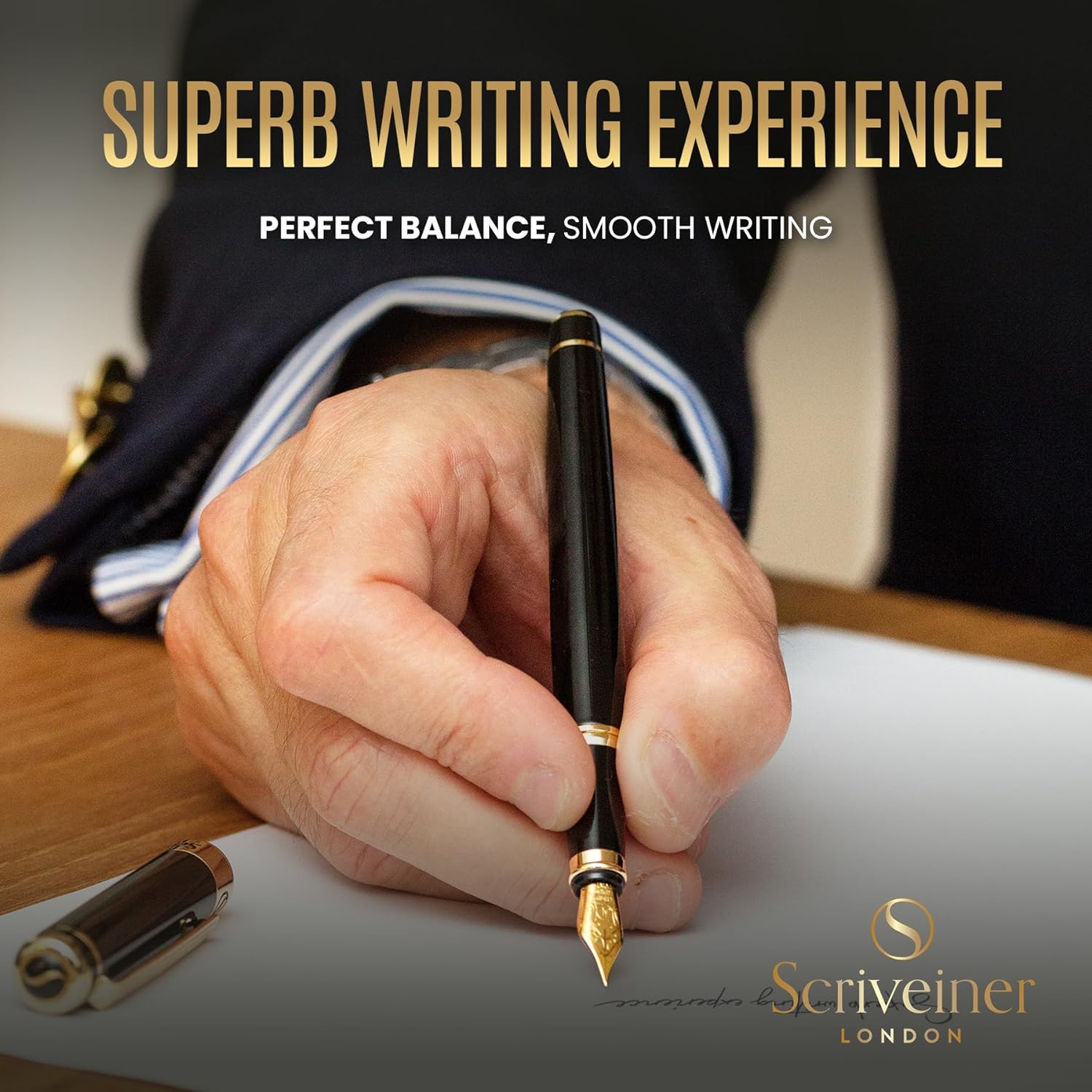 Black fountain pen with 24K gold trim, an elegant writing tool for executives, professionals, and collectors