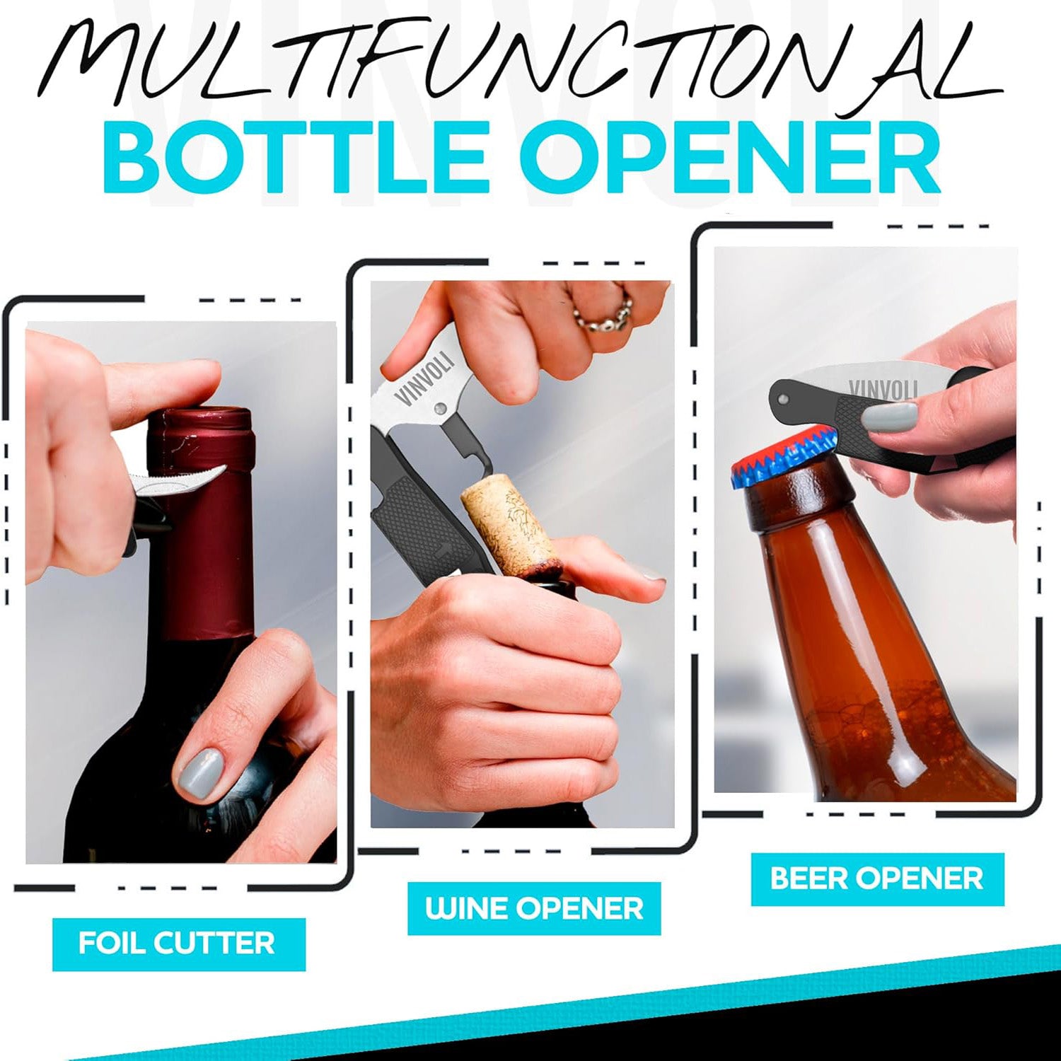 Double-hinged corkscrew bottle opener for waiters, featuring a compact and foldable design for convenient storage