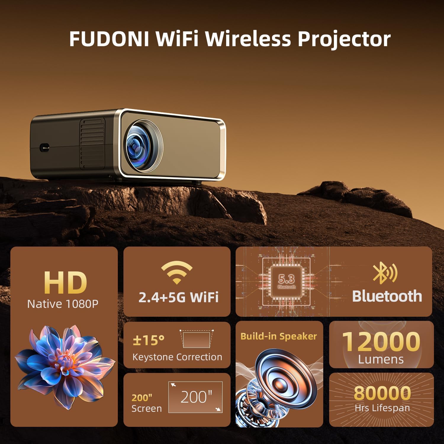 Portable smart projector featuring WiFi and Bluetooth, enabling versatile movie watching, gaming, and video streaming on a big screen