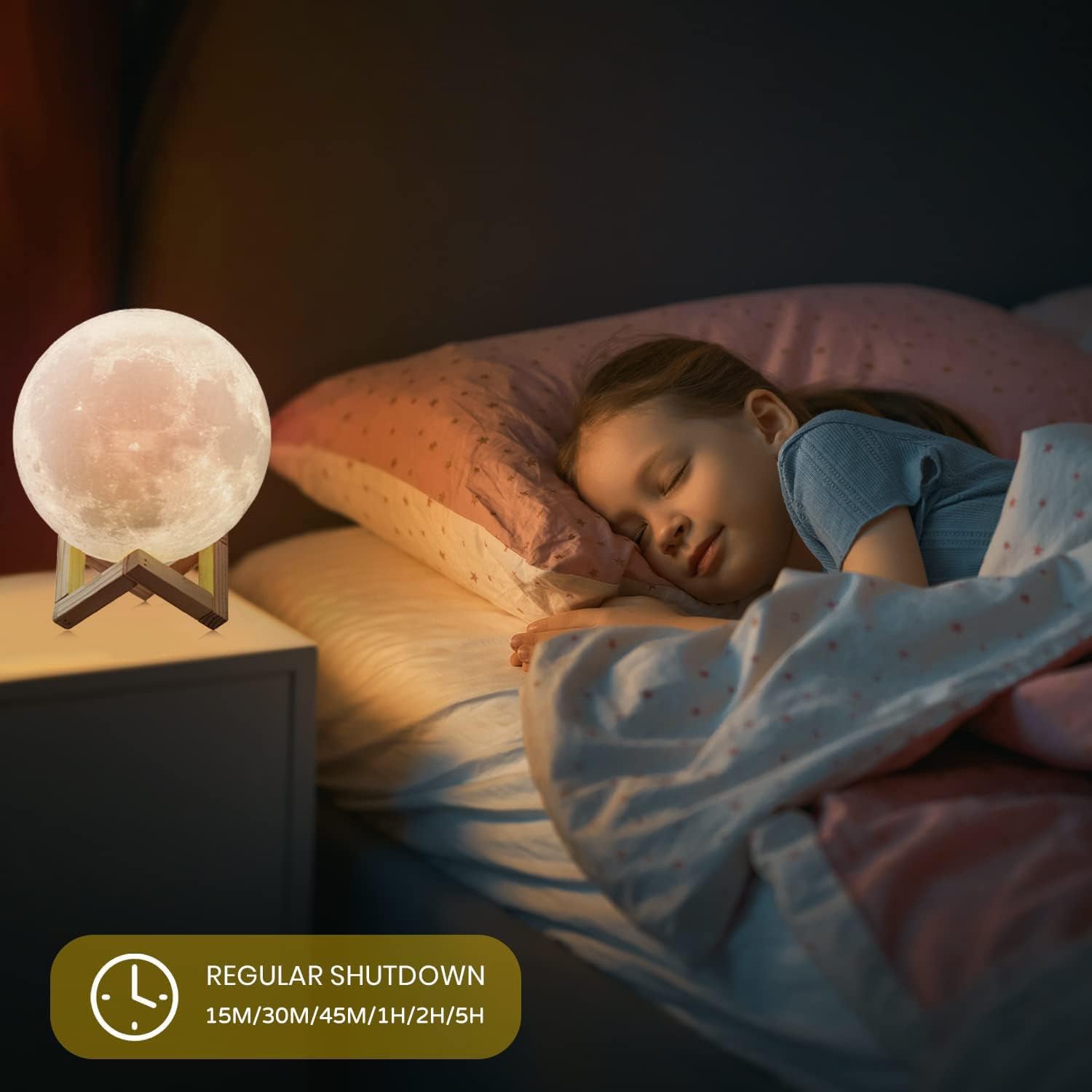 Realistic 3D printed moon lamp casting soft shadows, creating a magical mood lighting experience