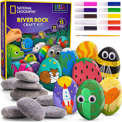 Rock painting kit with vibrant paints, perfect for creating colorful rock art; includes paints, brushes, and stones for kids and adults interested in DIY crafts