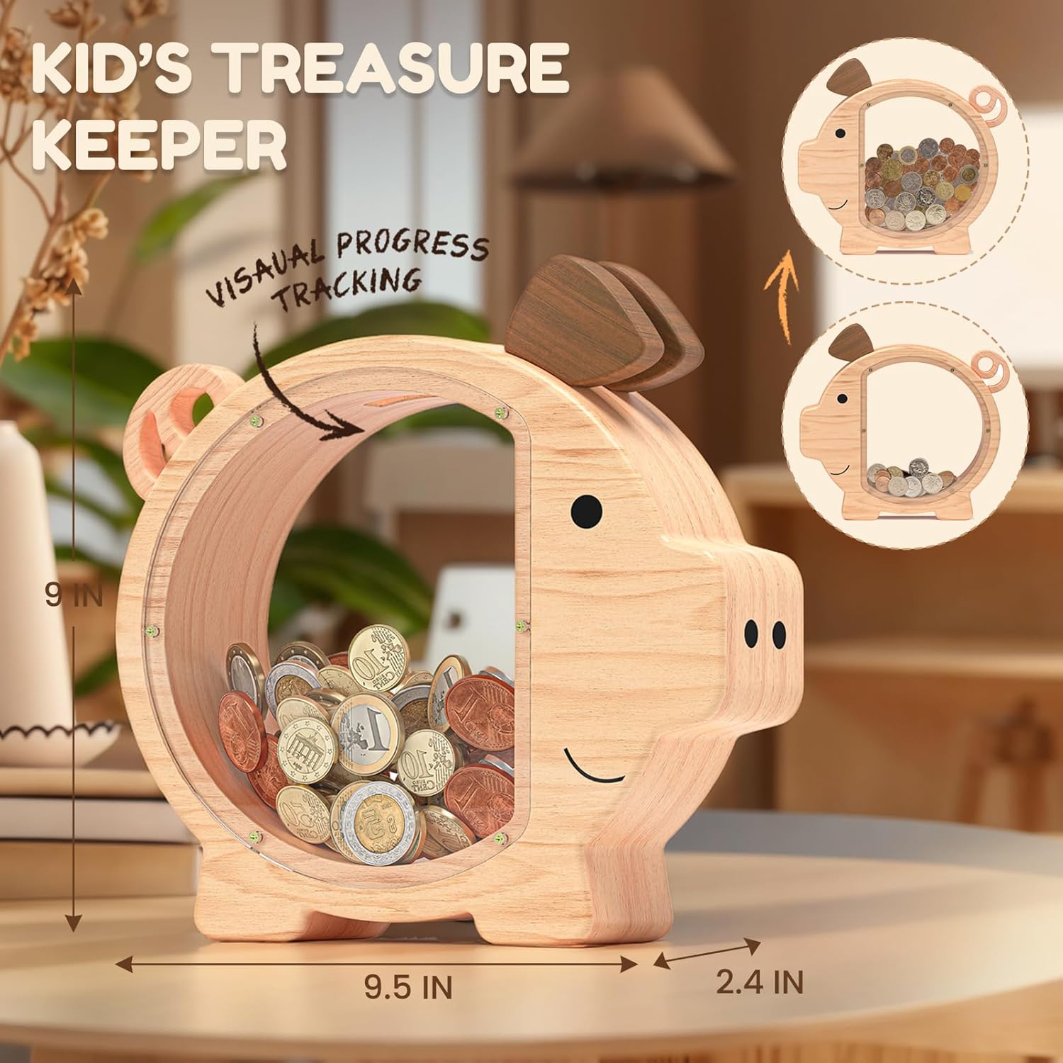 Sturdy wooden savings bank, helping kids develop good financial habits