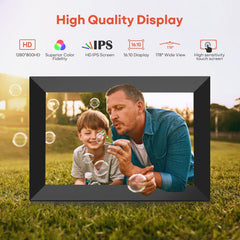 High-resolution digital picture frame with wireless photo sharing, suitable for modern home decor and family photo collections