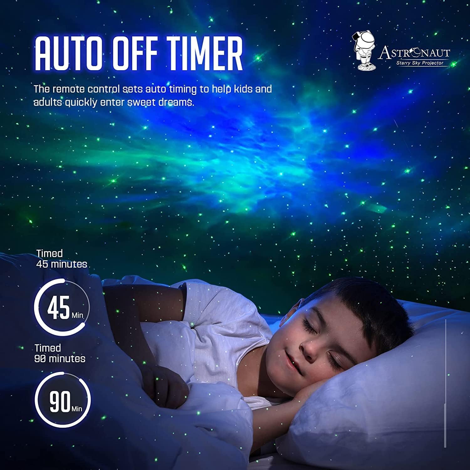 Space-themed astronaut projector night light displaying galaxy and starry sky for bedrooms, kids, and calming environments